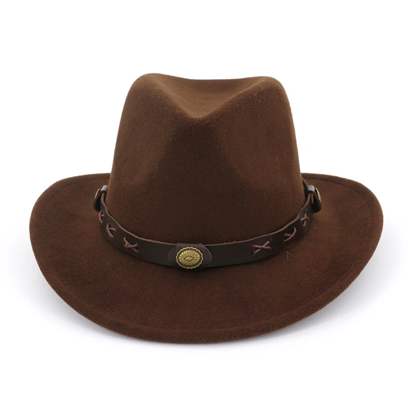 

Western Cowboy Fedora Hats with Leather Band Men Women Panama Felt Cap Wide Brim Trilby Gentlemen Jazz Hat Ladies Party Chapeu