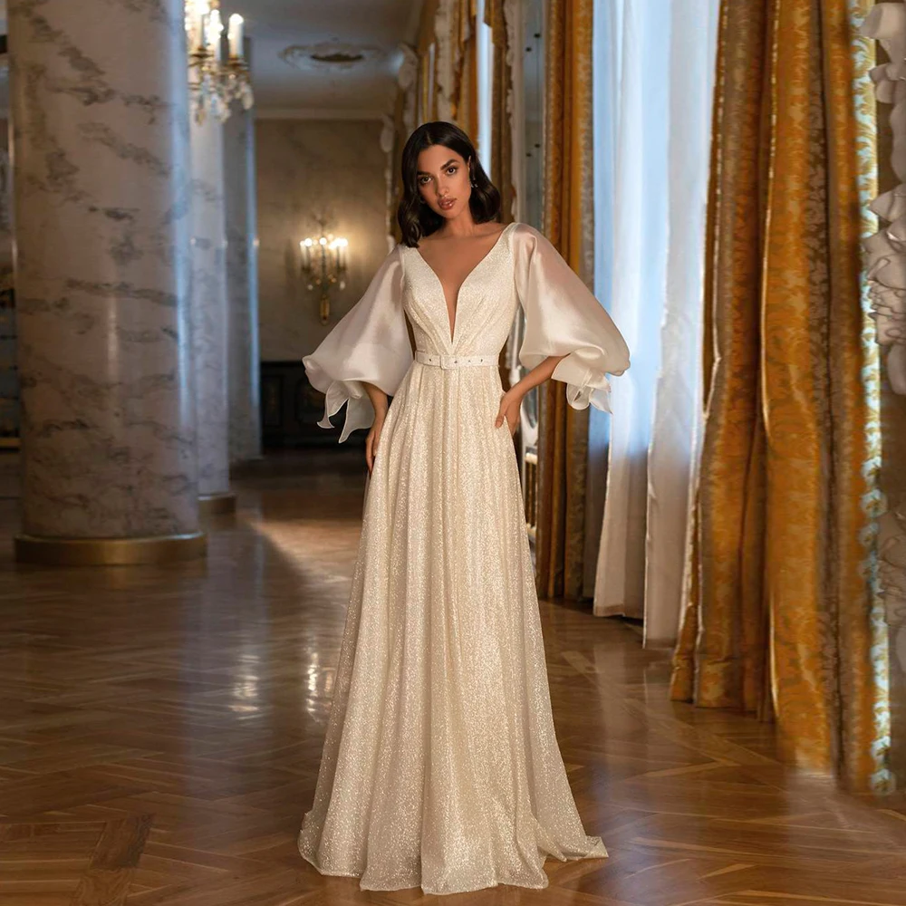 

Sparkly Wedding Dresses Deep V Neck Long Puff Sleeves Backless Glitter Bridal Gowns A-Line Sweep Train свадебное платье 2023