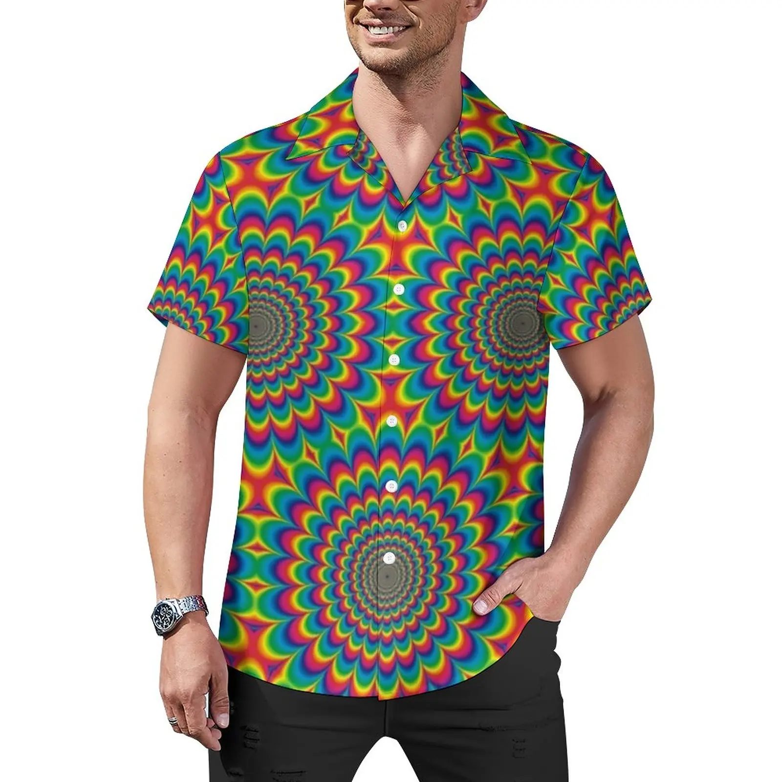

Psychedelic Sixties Beach Shirt Hippie Style Hawaiian Casual Shirts Men Trendy Blouses Short Sleeves Printed Clothing Plus Size