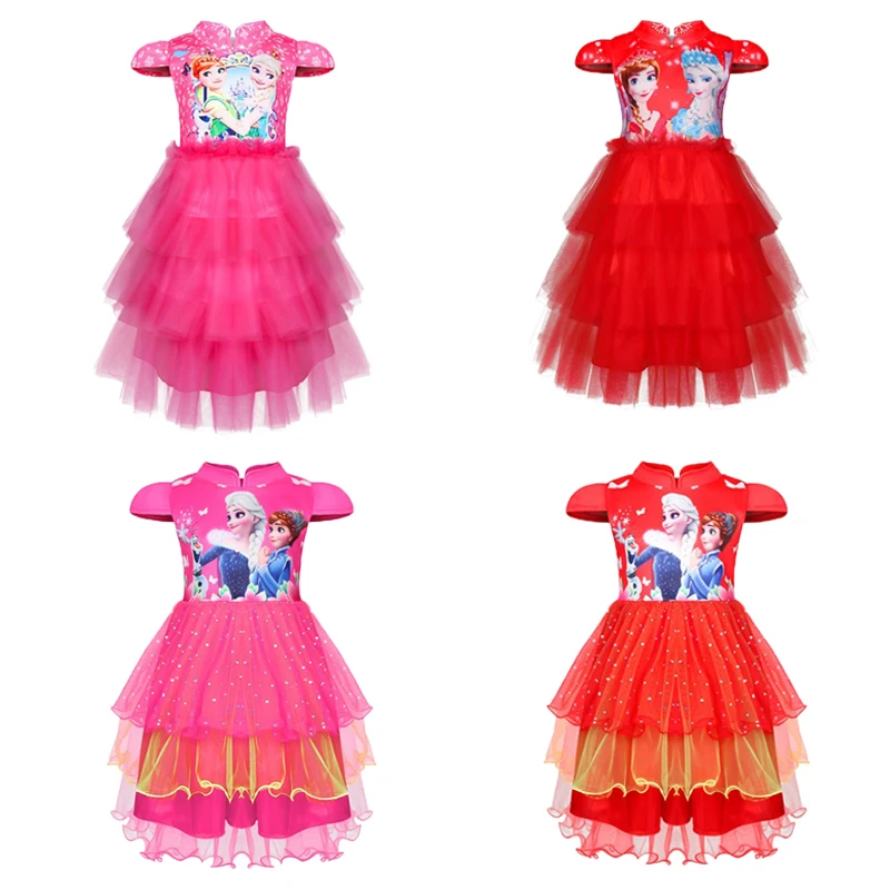 

Летние платья принцессы для маленьких девочек с коротким рукавом и принтом «Холодное сердце», Сетчатое платье Анны, Эльзы вечерние вечерин...