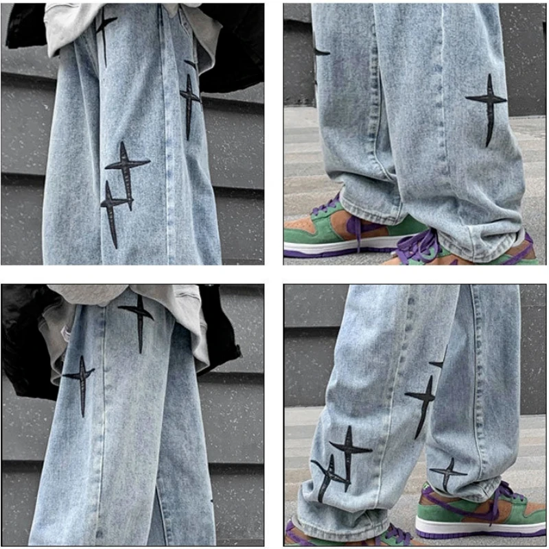 Embroidered Jeans Men's Y2k Straight Trousers Autumn New Korean Fashion High Street Hip-hop Style Loose Wide-leg Trousers Trend