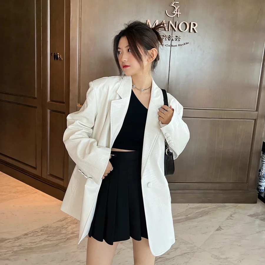 Jacket Spring Autumn New Ladies Solid White Crocodile PU Leather Women's Soft Suit Casual Jackets Outwear