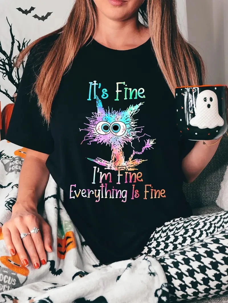 

Футболка Euow в стиле унисекс, повседневная женская футболка из 100% хлопка с принтом в виде мультяшного кота и букв, эластичная футболка с коротким рукавом и графическим принтом