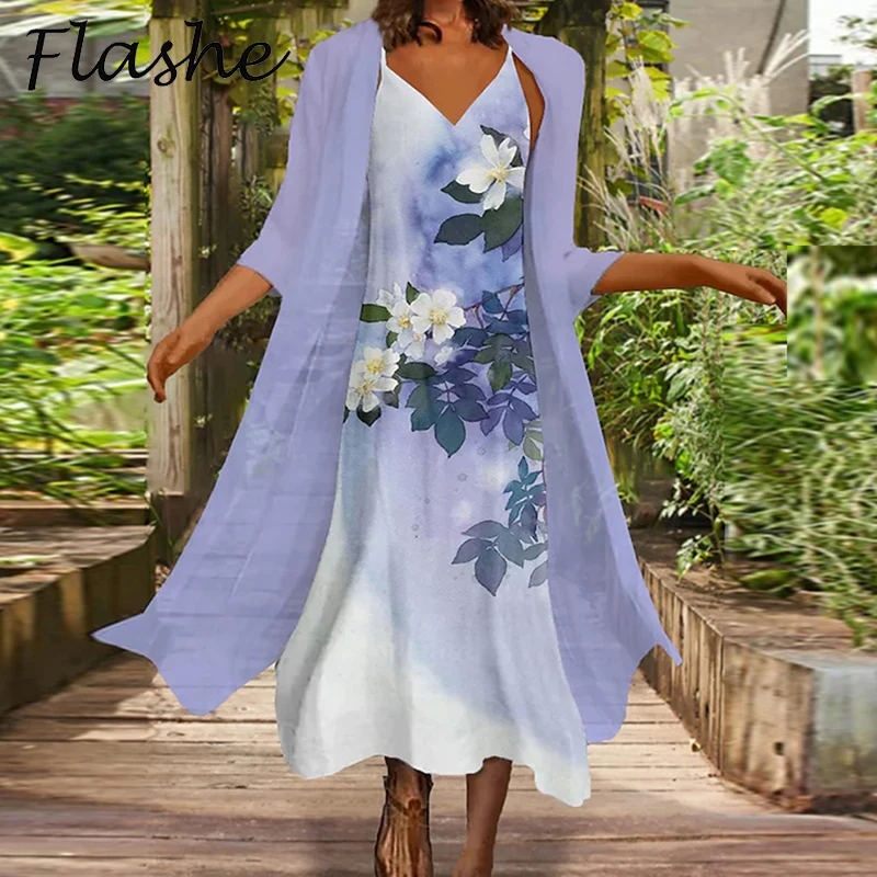 Женский комплект из 2 предметов свободное платье макси без рукавов с цветочным