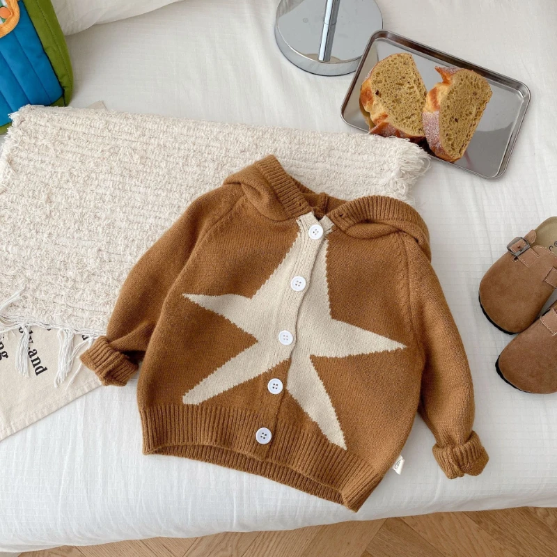 

Boys Girls Hooded Knitting Sweater Coats Kid Boys Star Pattern Cardigan Sweater 1-7 Years Old Girls Single Breasted Cardigan Top