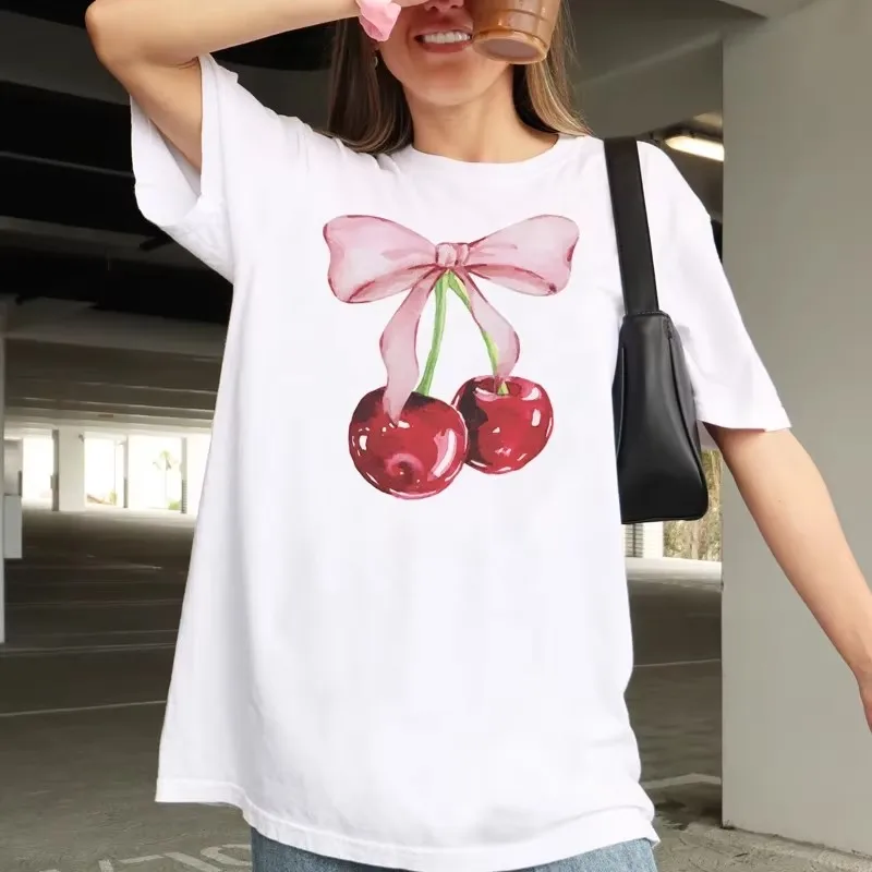 Y2K Cherry Bow Printed T Shirt Women Vintage Trendy Cute Coquette Tee Short Sleeve Cottagecore