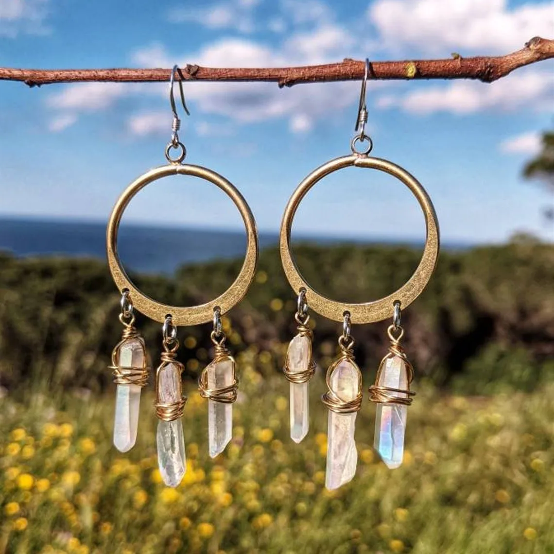 

Crystal Quartz Earrings - Bohemian Hoops - Peach Quartz Hoops - Hippie Earrings - Raw Quartz Hoops - Gift for Wife - Nickel Free