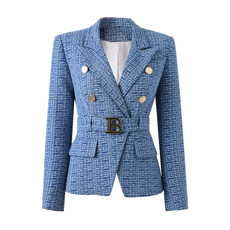 Ladies Early Fall New Featured Washed Denim Fabric Geometric Texture Luxury Blazer Women Top Business Jacket Coat With Belt OL