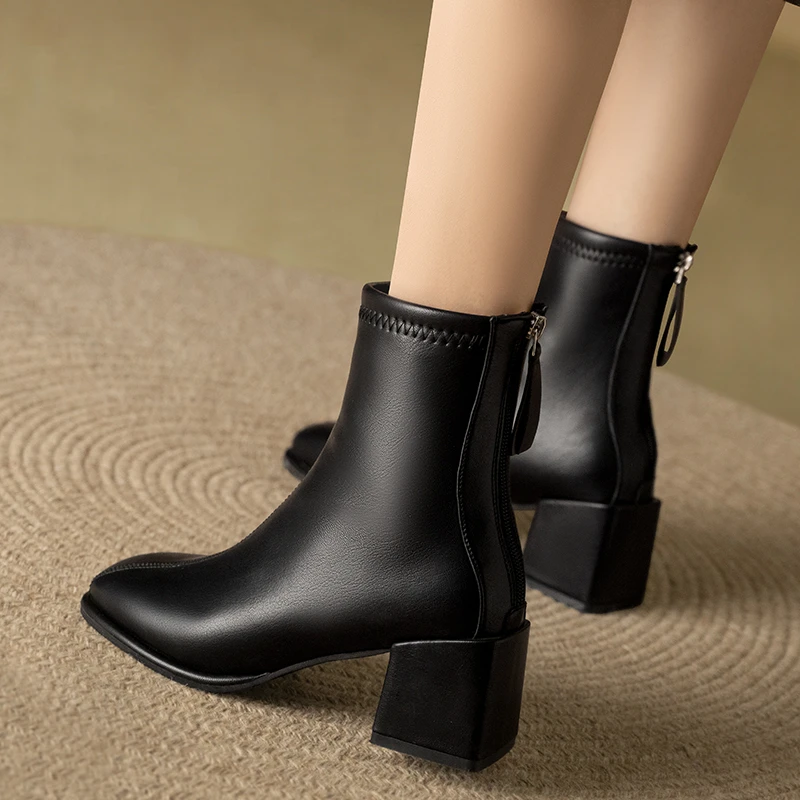 

Новинка зимы 2023, модные ботинки на молнии сзади в британском стиле, универсальные короткие женские ботинки на толстом каблуке