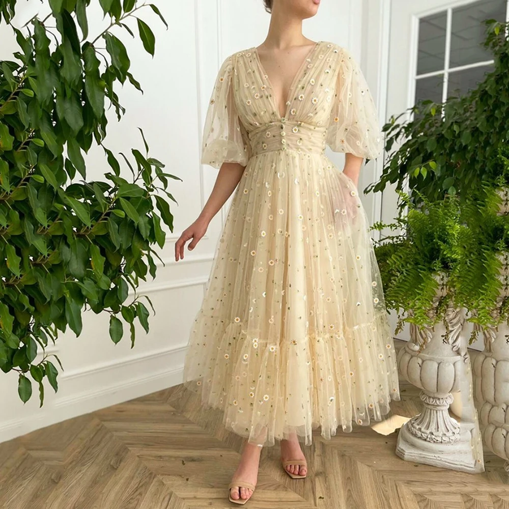 

Простое платье в стиле бохо для выпускного, с цветочным принтом, коротким рукавом-иллюзией, ТРАПЕЦИЕВИДНОЕ Тюлевое вечернее платье, женские...