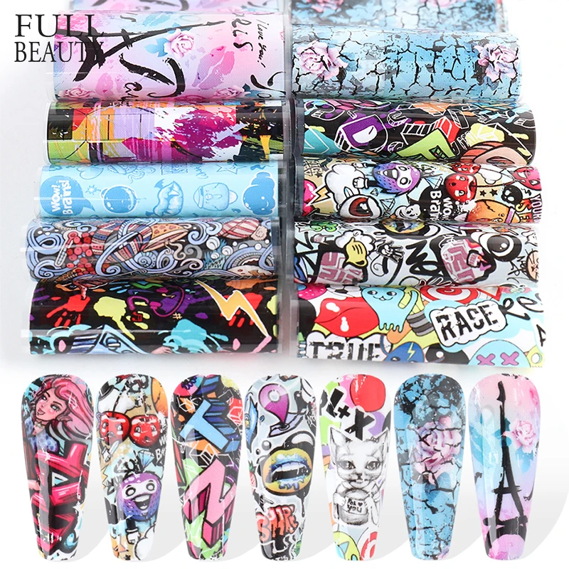 

10pcs Colorful Scrawl Nail Stickers Nail Art Transfer Foil Cool Painting Flower Adhesive Wraps Decal Manicure Accessories CH4122