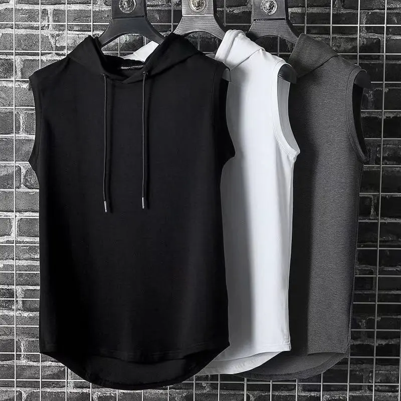 

Hooded vest men's street solid color hooded sleeveless t-shirt