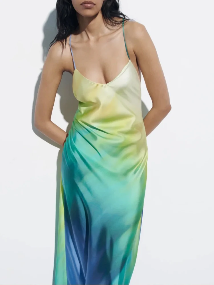 

PB&ZA new summer dress sexy v-neck tie-dyed silk satin skirt with shoulder-straps texture loose MIDI dress