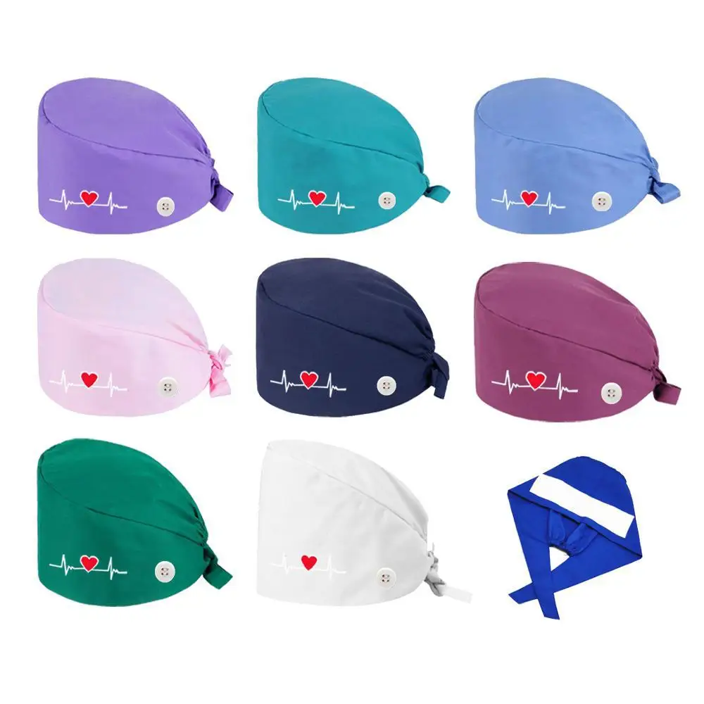 

Women's Cotton Scrubs Caps Weat-absorbent Elastic Section Pet Grooming Nursing Work Hats Lab Heart Print Scrub Hat Wholesale