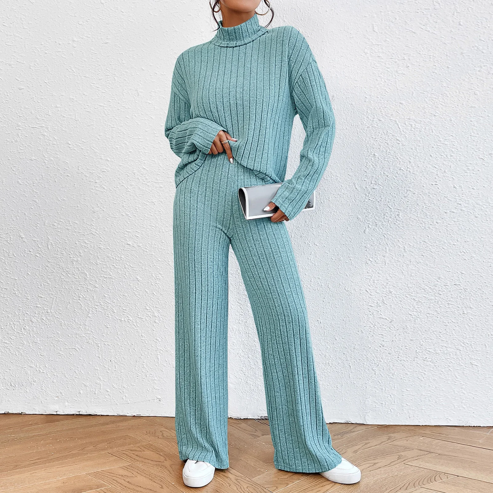 

Women Turtleneck Tops & Wide Leg Pant Set Soft Knit Lounge T Shirts & Trouser Suit Slouchy Comfy Solid Color Loungewear Set