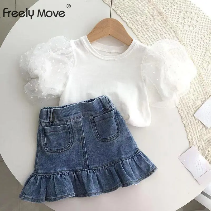 

Clothes for Girls Summer Toddler Girls 2Pcs Outfits Kids Clothing Solid Tops+ Demin Skirt Girls Suit Children Clothing