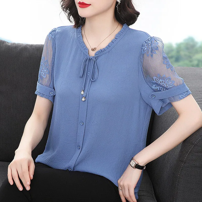 

Fashion Solid Color Button Gauze Ruffles Lace Up Blouse Women's Clothing 2023 Spring New Oversized Casual Pullovers Korean Shirt