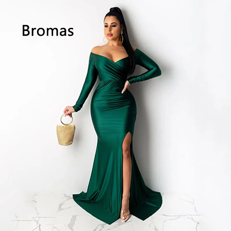 

Autumn New Women Off Shoulder Nightclub Party Dress Sexy Solid Color Deep V-Neck Big Slit Long-Sleeved Tight-Fitting Long Dress