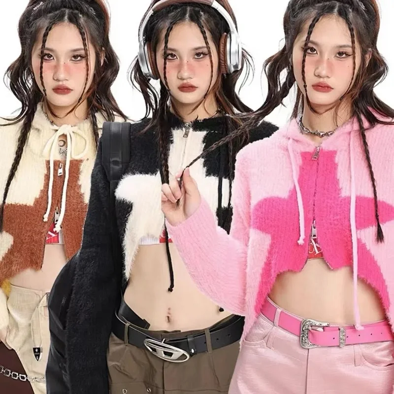 

Женский трикотажный кардиган с капюшоном, в стиле ретро