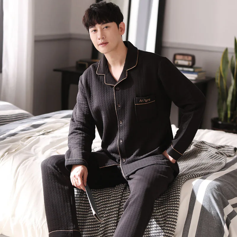 Пижама с длинным рукавом мужская хлопковая сэндвич тонкая стеганая подкладка