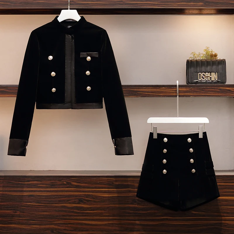 

Autumn Two Piece Big Size Vintage Women Gold Velvet Blazer+Gold Velvet Shorts Formal Suits Loose Lady Black Blazer Coat