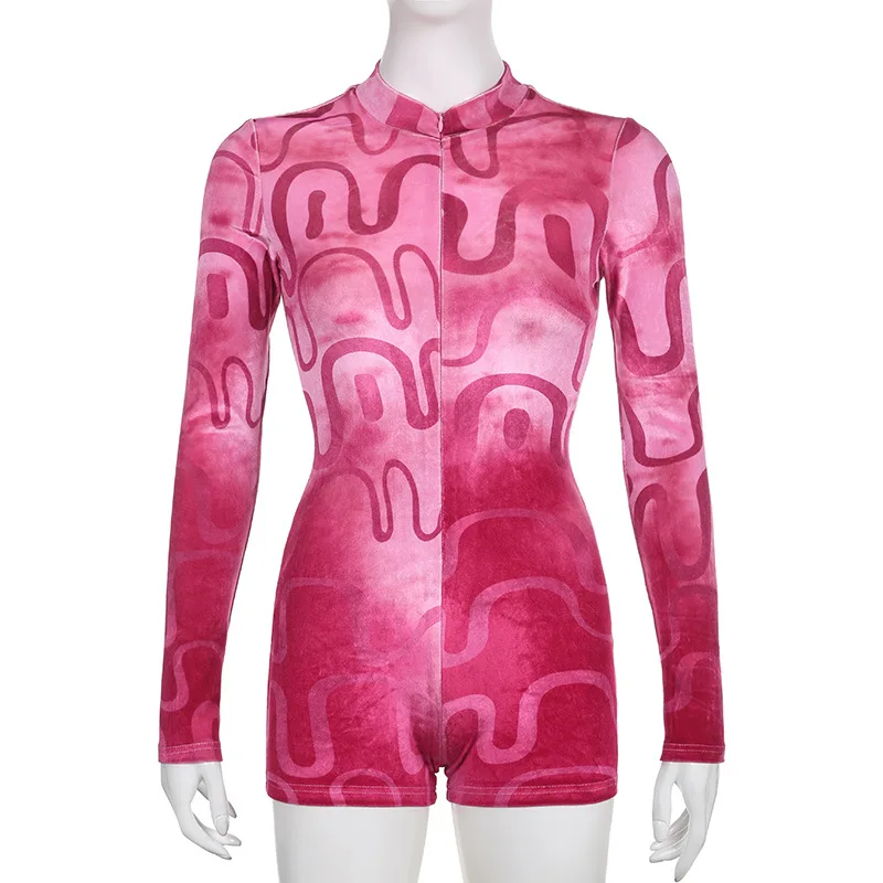 Women's Velvet Ripple Print Round Neck Invisible Zip Slim Long Sleeve One Piece Shorts