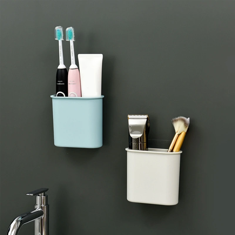 

Wall Mounted Toothbrush Holder for Bathroom Self Adhesive Kitchen Sponge Storage Rack Cosmetic Makeup Brush Box Toothpaste Razor