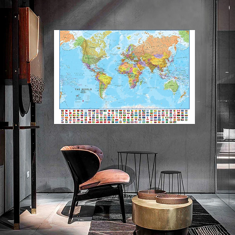 

100*70cm The World Political Map with National Flags Unframed Prints Non-woven Canvas Painting Wall Art Poster Home Decoration