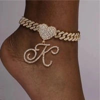 fashion a z cursive initial letter cuban anklets bracelet for women 14mm iced out rhinestone link chain anklet hip hop jewelry