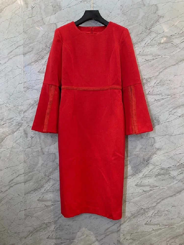 

Женское шерстяное платье средней длины, белое, красное, черное элегантное облегающее платье высокого качества с вышивкой и разрезом на рука...