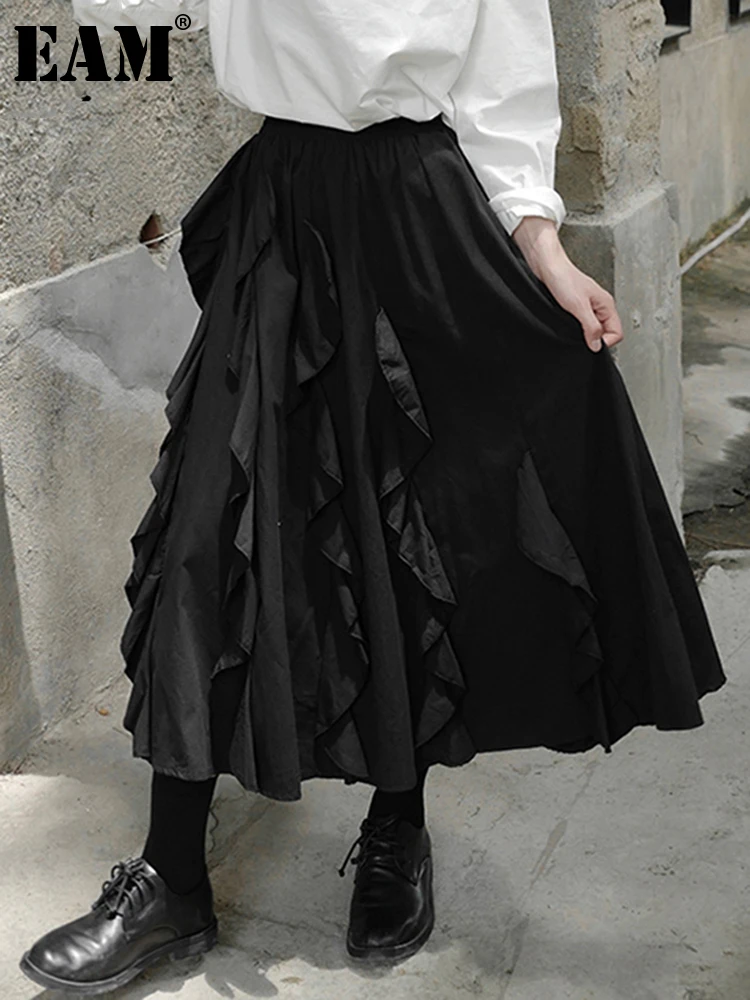 

[EAM] High Elastic Waist Black Ruffles Split Joint Elegant Half-body Skirt Women Fashion Tide New Spring Autumn 2022 1W541