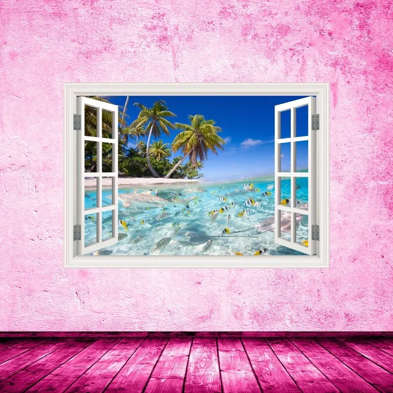 

Beach Window Frame Wall Decal, Ocean Sticker, Nature Nursery Decor, Nautical Art, Removable Peel and Stick Decal
