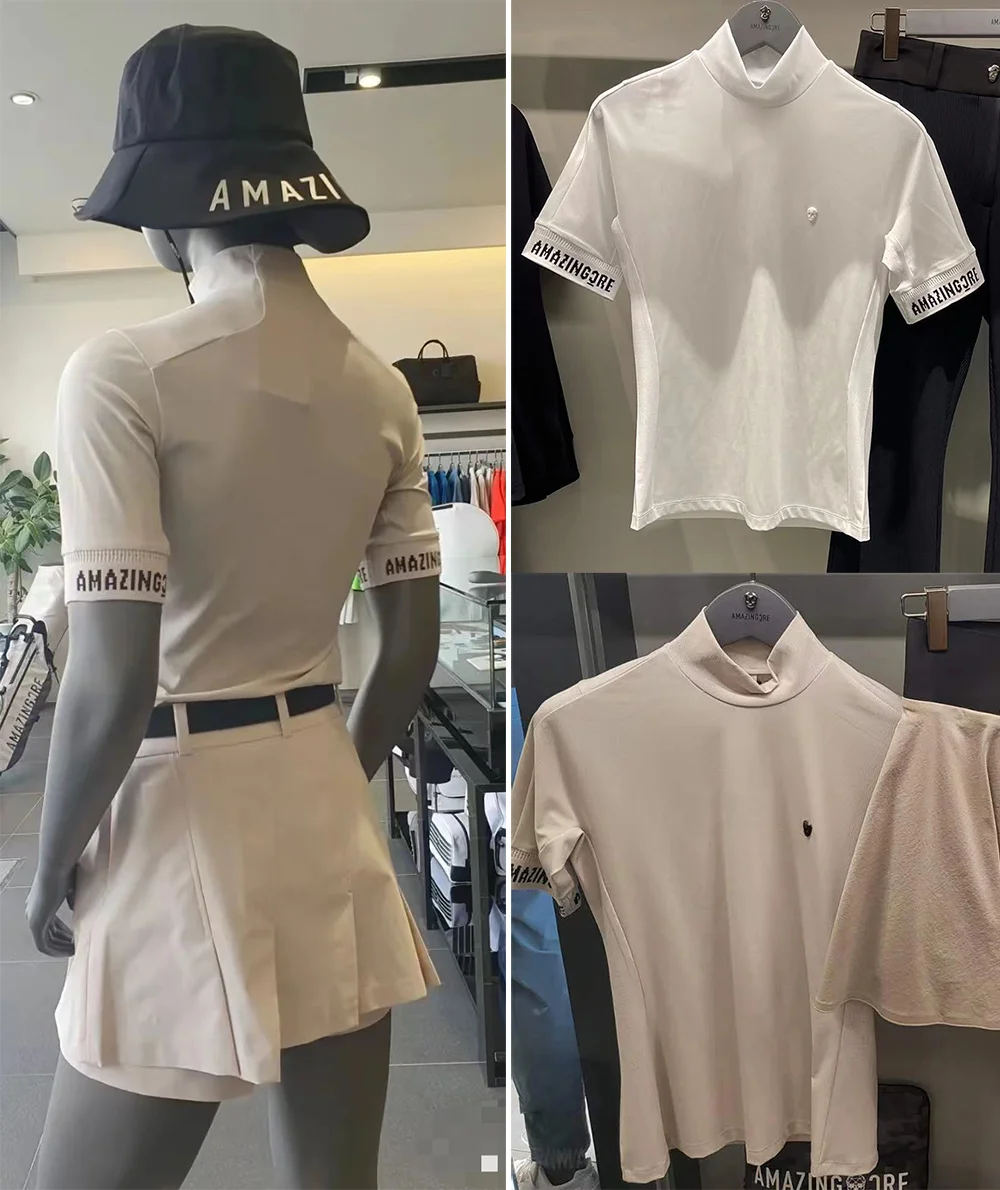 

Ladies Golf Shirts Summer Round Neck Short Sleeves Slim Fit Stretch Golf Tops Outdoor Sports Half High Collar T-shirts 8017