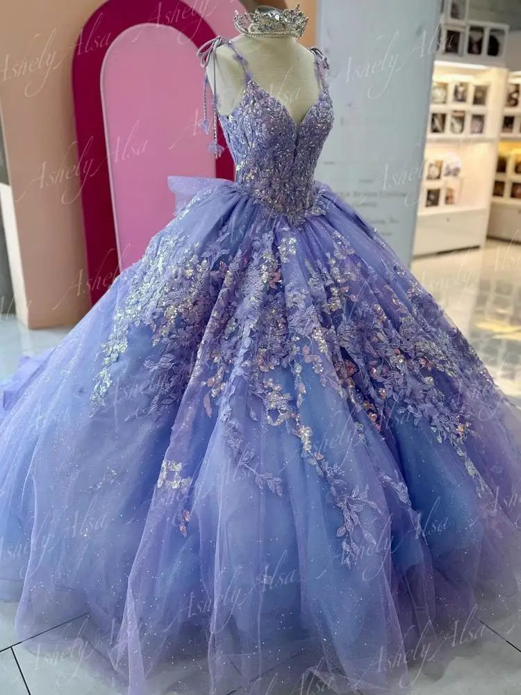 Женское бальное платье с блестками роскошное Лавандовое аппликацией и V-образным