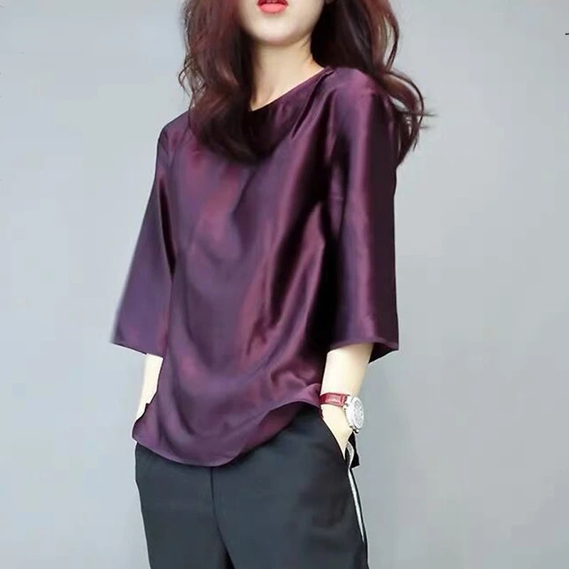 Spring Autumn Elegant Solid Color Loose Office Lady Shirt Three Quarter Sleeves Oversized Satin Blouse Fashion Chic Casual Tops