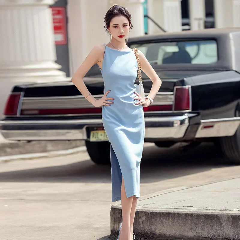 

Summer Women's Elegant Satin Spaghetti Strap Midi Dress Vintage Solid Sleeveless Sexy Vestidos Famale Fashion Party Clothes