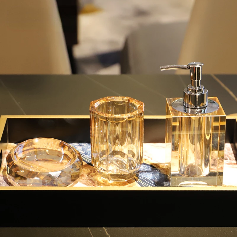 

Light luxury high-grade crystal hand sanitizer bottle shower gel bottle press type hotel bathroom mouthwash cup Bathroom Set