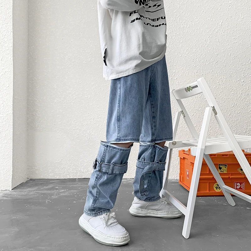Detachable Baggy Jeans Men Straight Wide Pants Fashion High Street Hip Hop Blue Denim Trousers Oversize Bottoms Male Y2K Clothes