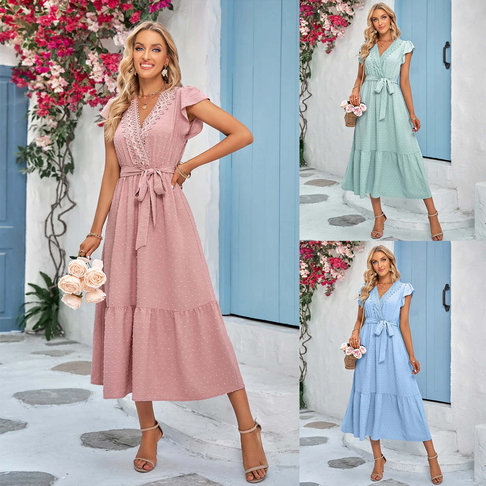 

Spring Summer Women's Solid Casual A Line Long Dresses Ladies V-neck Short Sleeve Mid Waist Lace Dress Bohemian Dress