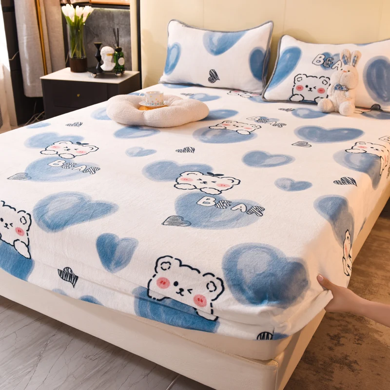 

Bed Sheet Plush Thicken Quilted Mattress Cover Crystal Velvet King Queen Quilted Bed Fitted Sheet with Elastic Bands Pillowcase