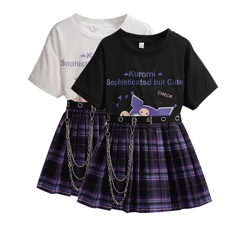 SUMMER Girls Clothes Suits Kids Fashion Black Cotton T-shirt+skirts+Belt Sets for Girl Teenager Children Clothing For 3-13 Years