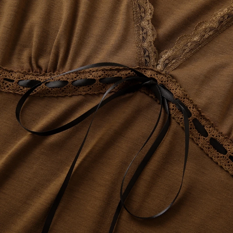 Fairycore гранж винтажная коричневая футболка с кружевной отделкой V-образным