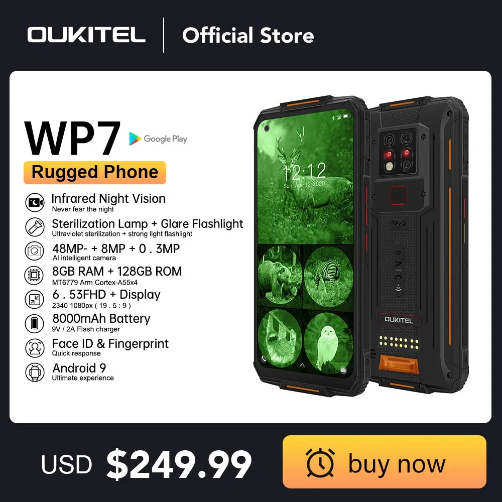 

Oukitel WP7 Rugged Smartphone 6G +128G 8000mAh Android10 Octa Core Mobile Phone 6.53 FHD+ 48MP Triple Cameras Rugged Phone
