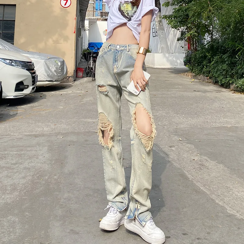 

NSMW MI Thin Ins Trend Nostalgic Hole Pants Y2k Pants Cargo Pants Women Retro High Street Jeans Female New Hot Girl High Waist