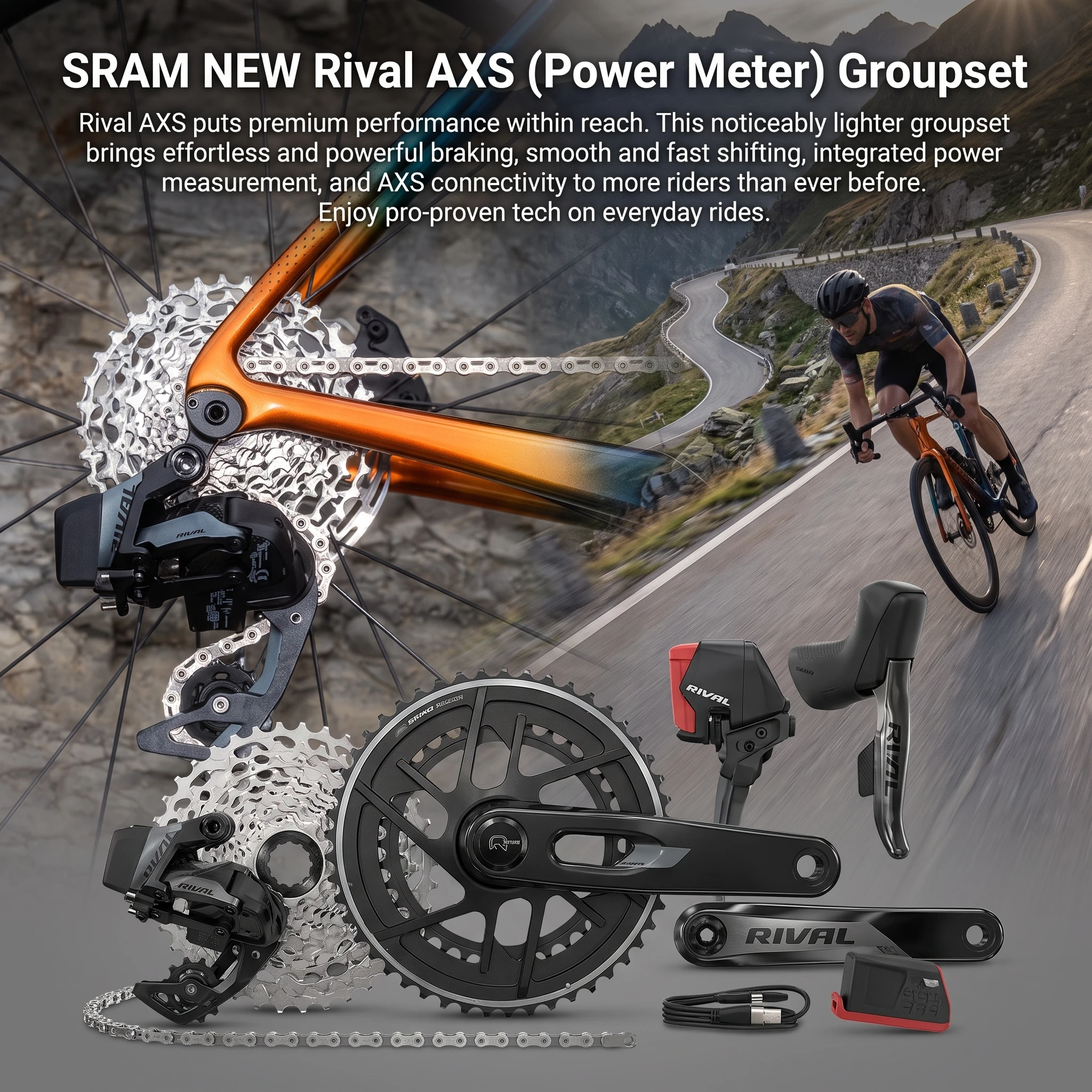 Фото Беспроводной комплект SRAM Rival E1 AXS |   2x12 скоростей, шоссейный |   Гидравлические дисковые тормоза |   46/33Т 48/35Т |   10-30Т 10-36Т |   Флаттоп-чейн №1