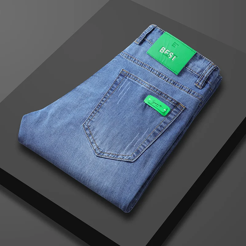 

SHAN BAO Summer Brand Men's Slim Fit Straight Lightweight Cotton Stretch Jeans Classic Fashion Trend Green Leather Thin Jeans