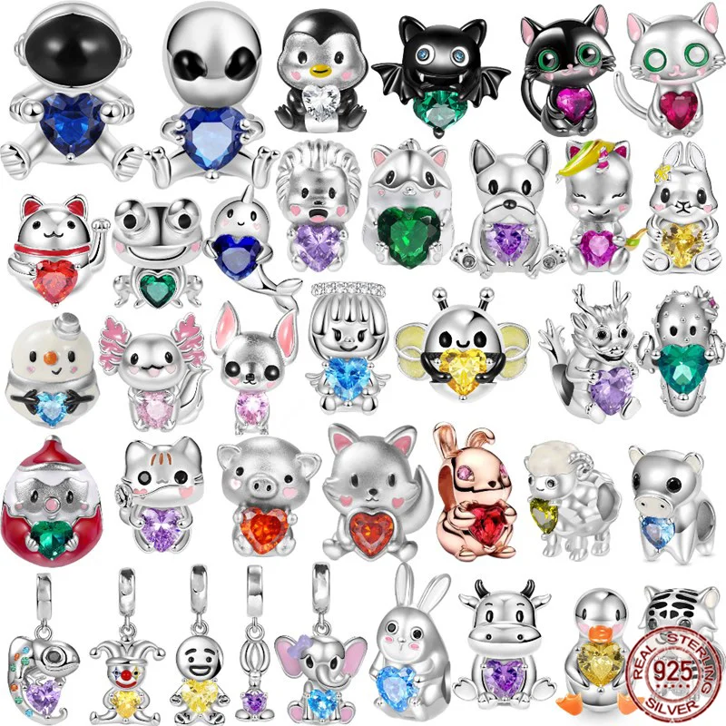 Hot Sale Original Animal Embraces Heart Gemstone Series Charm 925 Sterling Silver Horse Tiger Beads Fit Pandora Bracelet Jewelry