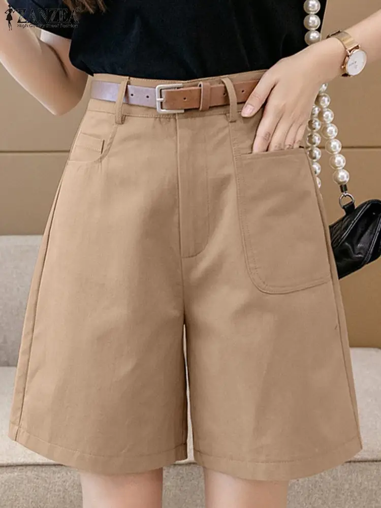 

2023 ZANZEA Summer Casual Holiday Palazzo Woman Fashion Shorts Elegant Solid Pockets Trousers Femme Vintage Streetwear Pantalon