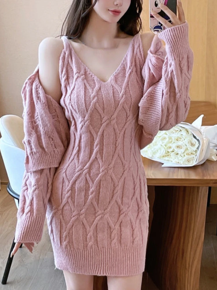 

Elegant Knitted Two Piece Set Women Korean Fashion Sweater Party Mini Dress Set Female Casual Designer Dress Suit 2023 Autumn