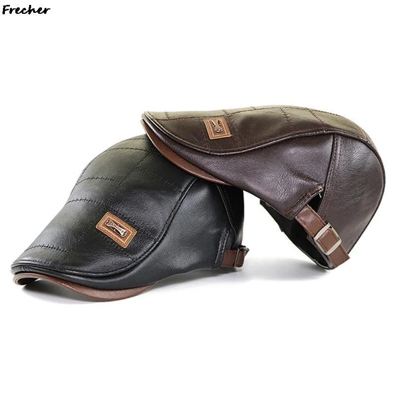 

Vintage Men Beret Hat Leather Flat Cap Warm Autumn Winter Male Adjustable High Quality Gatsby Mens Retro Beret Caps